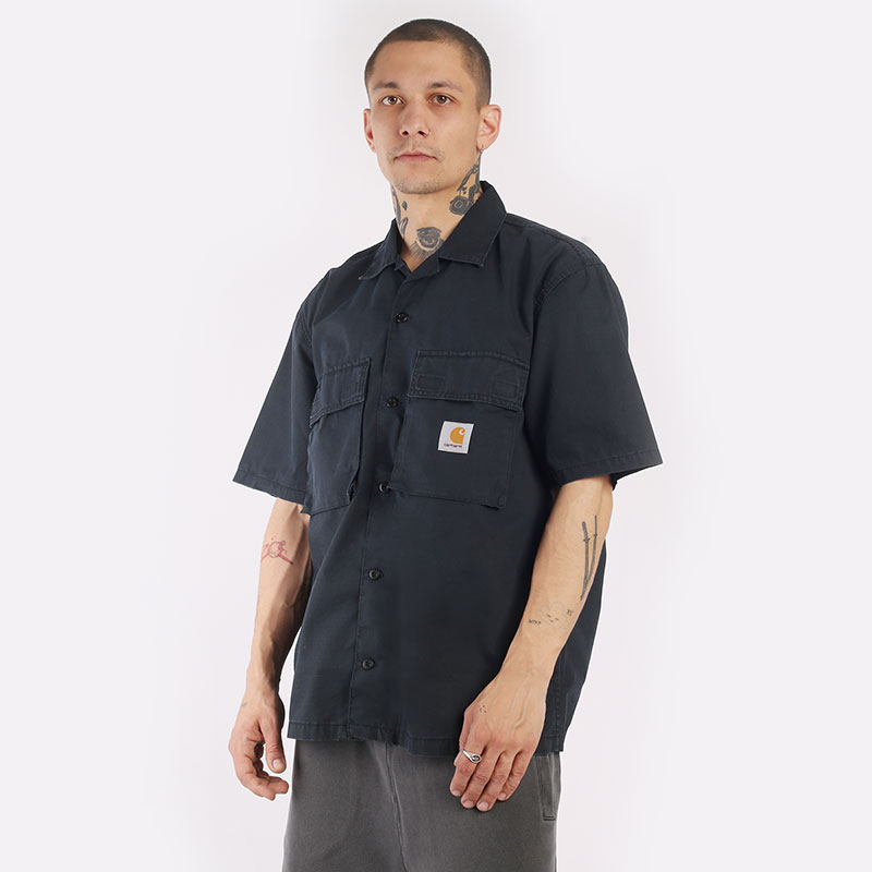 Мужская рубашка Carhartt WIP S/S Wynton Shirt (I030456-black/amalfi) купить  по цене 8390 руб в интернет-магазине Streetball